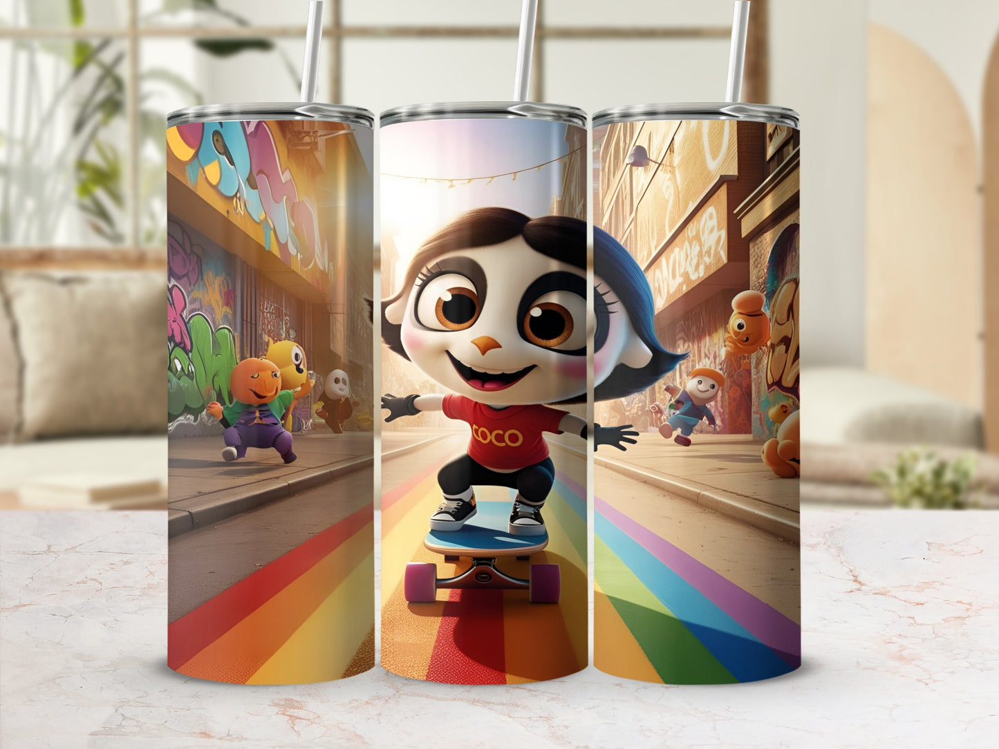 Colorful tumbler with cartoon character on skateboard and rainbow road background.