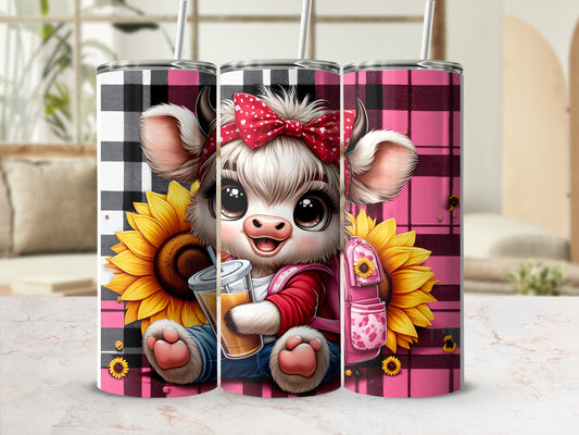 Cute cartoon cow with sunflower, holding a drink, wearing a red bow and backpack.