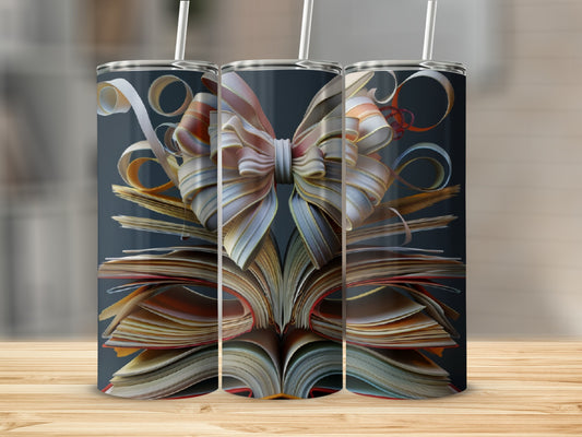 Three tumblers with an open book and ribbon bow design.