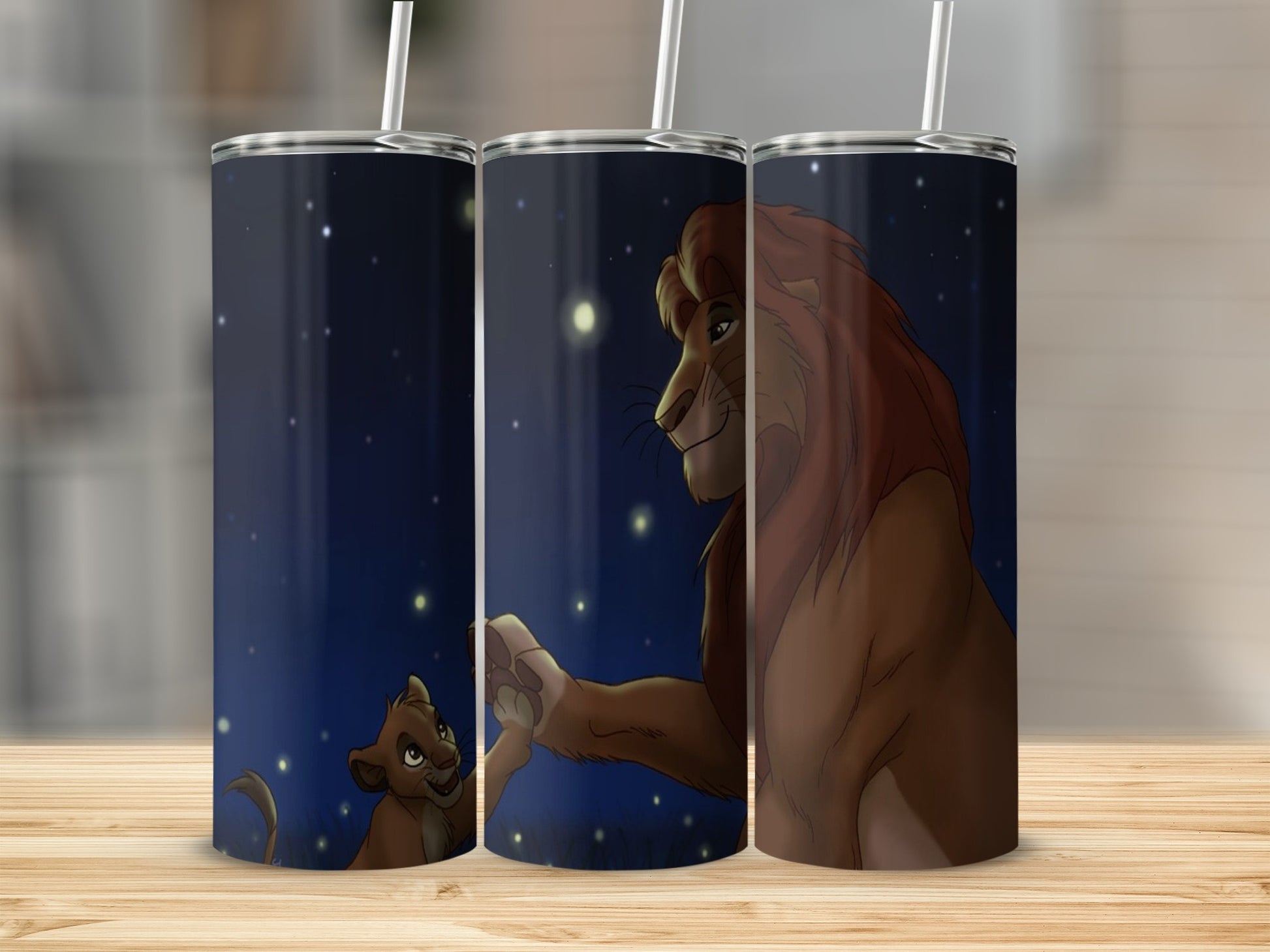 Mufasa and Simba from The Lion King under a starry night sky.