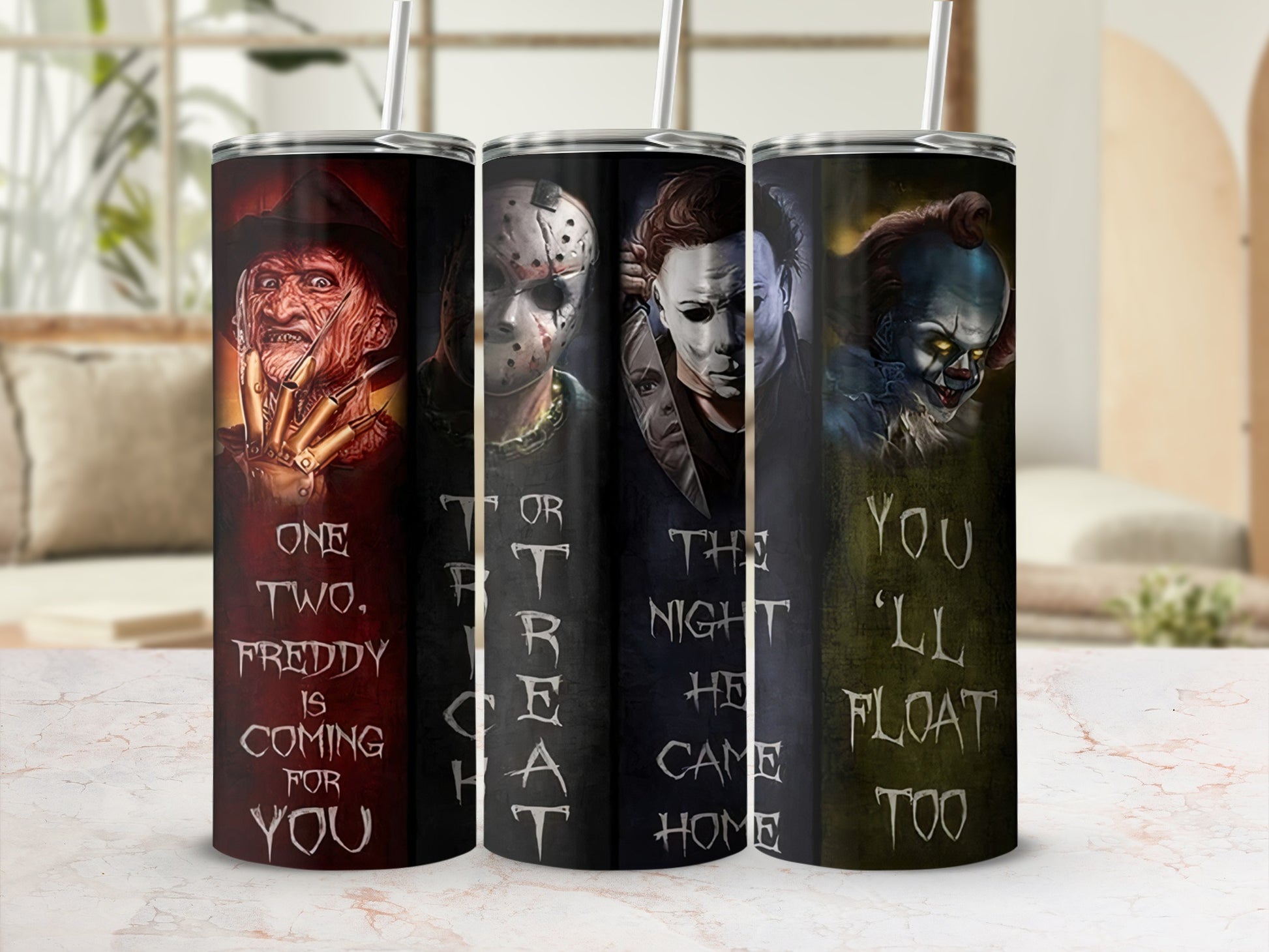 Four tumblers featuring horror movie characters Freddy, Jason, Michael Myers, and Pennywise with associated quotes.