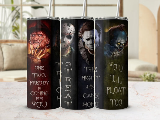 Four tumblers featuring horror movie characters Freddy, Jason, Michael Myers, and Pennywise with associated quotes.