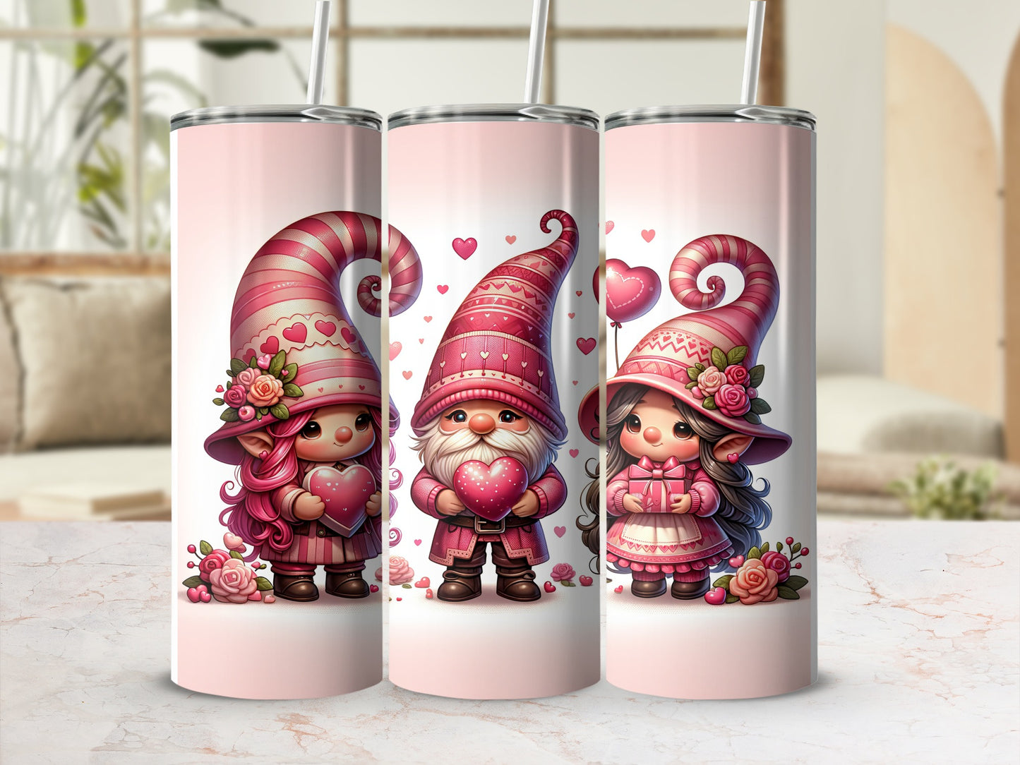 Three Valentine's Day gnomes holding hearts and gifts on pink tumblers.