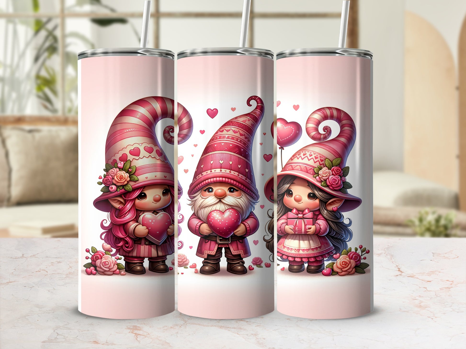 Three Valentine's Day gnomes holding hearts and gifts on pink tumblers.