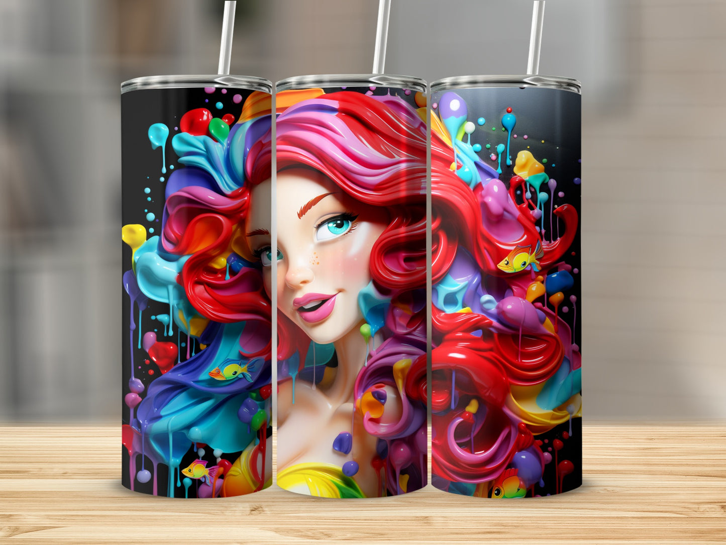 Colorful Mermaid Art on Triple Tumbler Cup Set