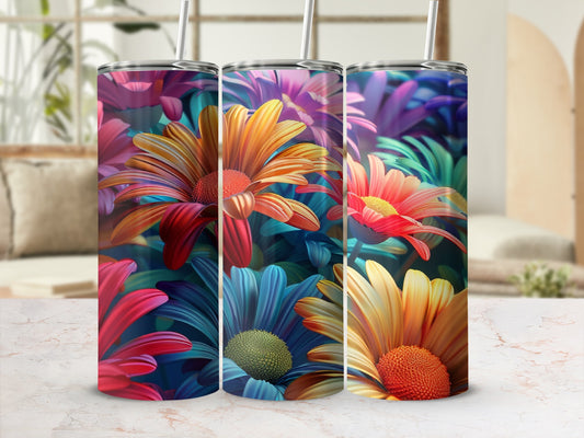Three tumblers with vibrant, close-up floral patterns.