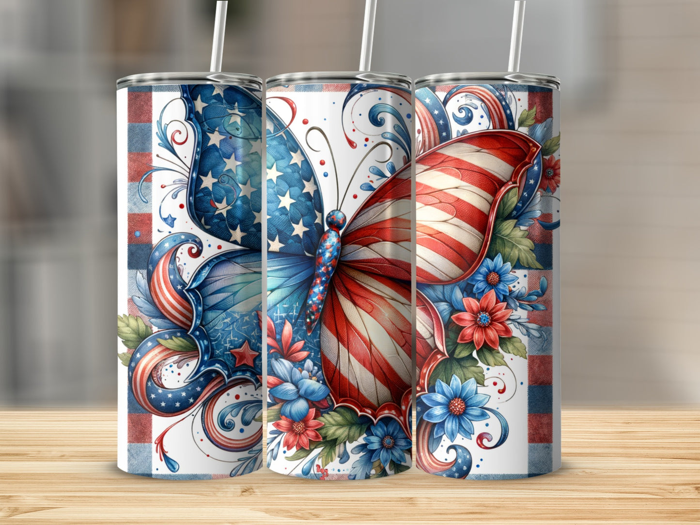 Patriotic butterfly design on three tumblers with striped backgrounds.