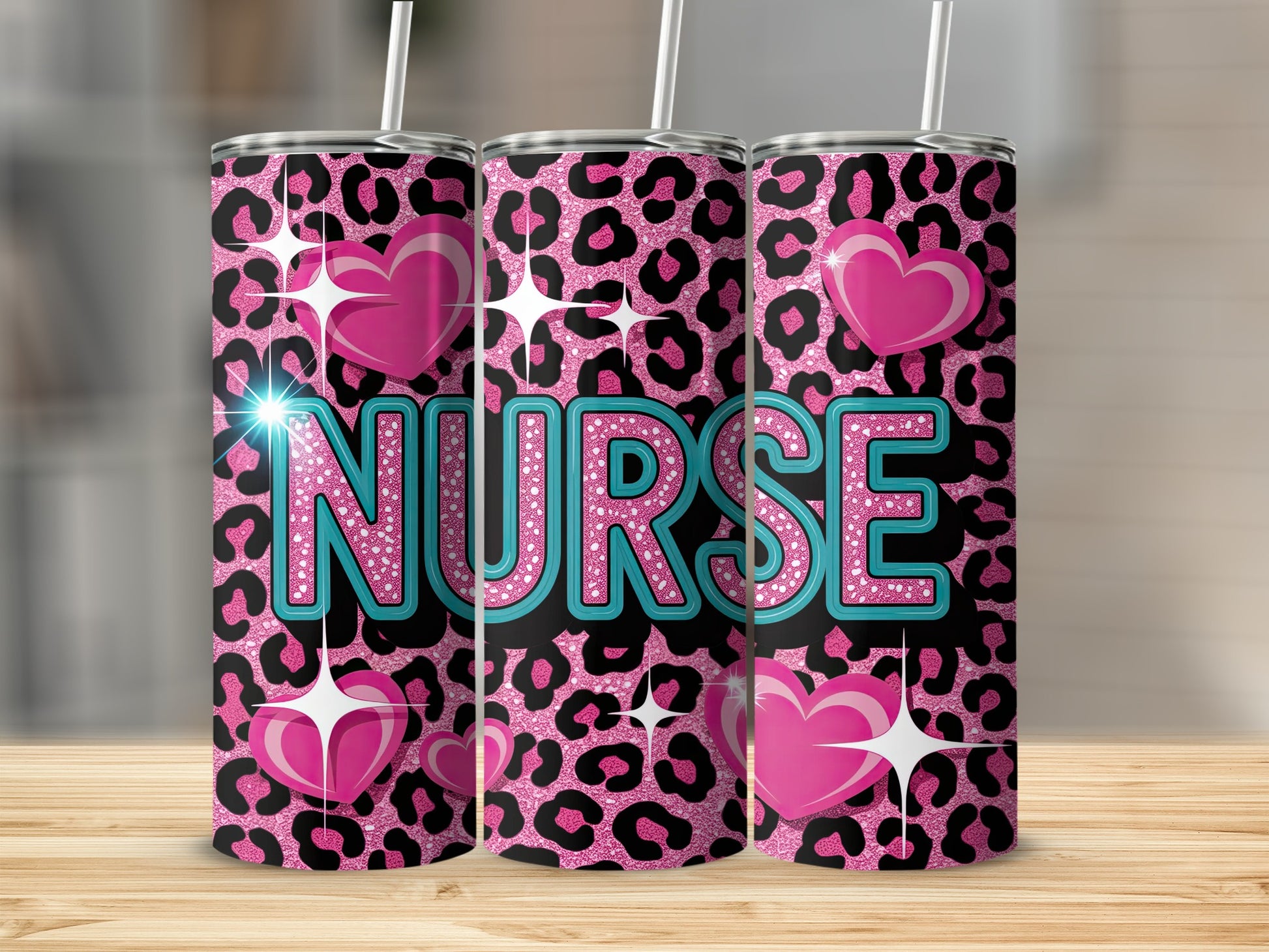 Pink leopard print tumbler with "NURSE" and pink hearts.