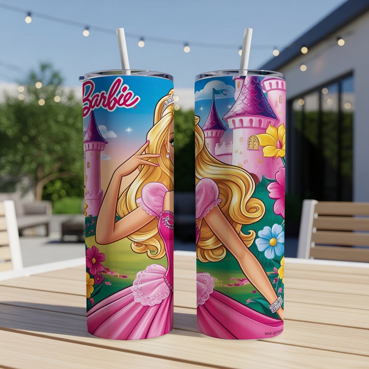 Barbie in pink dress with castle and flowers on a tumbler.
