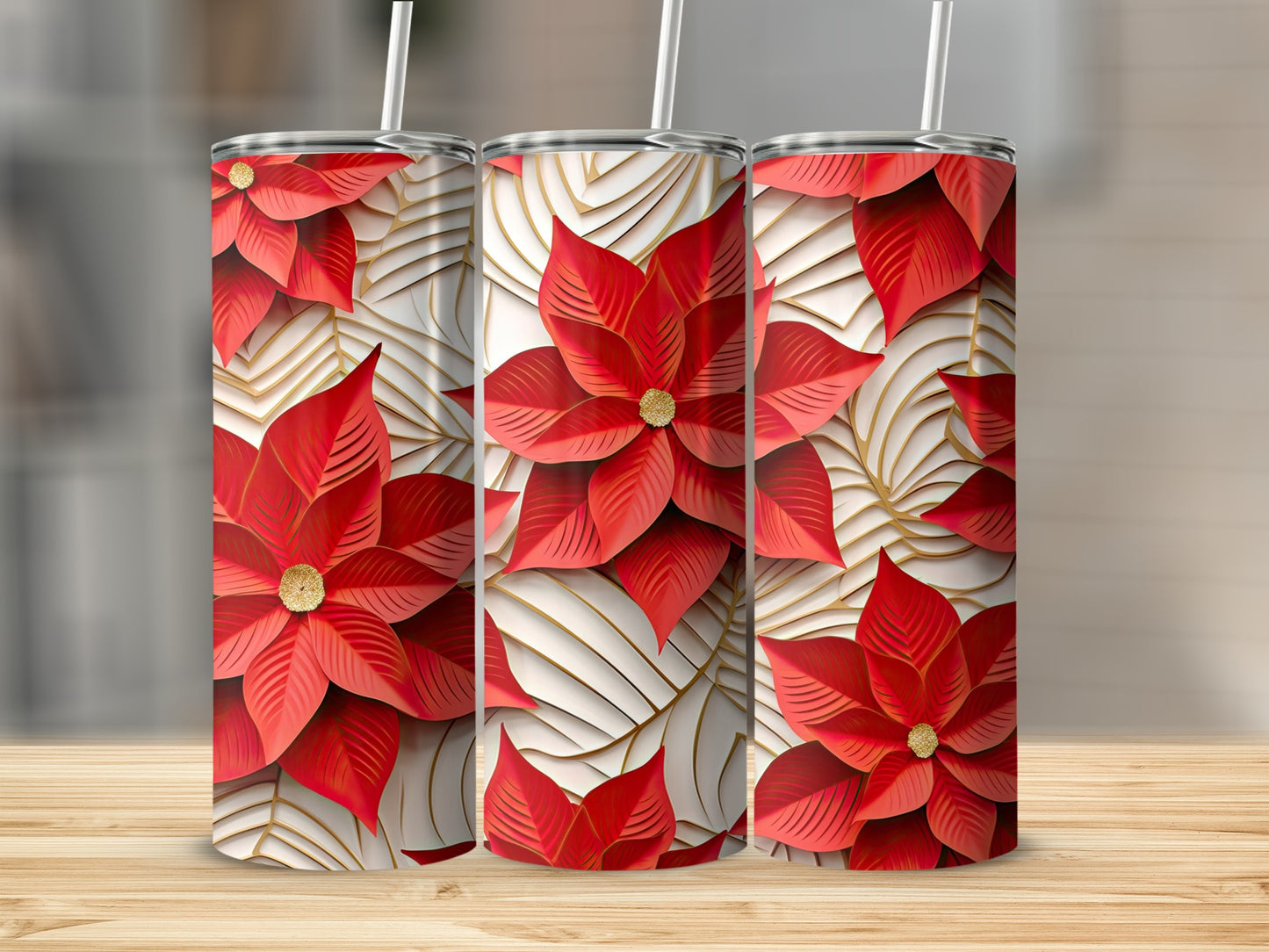 Festive Red Floral and Leaf Design Insulated Tumbler