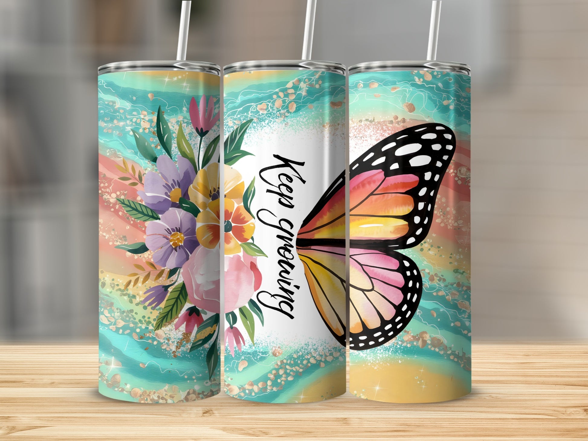 Colorful Floral Butterfly Design Keep Growing Tumbler Product