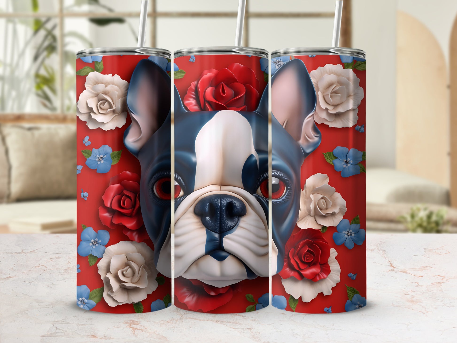 French bulldog tumbler with floral and blue hydrangea accents.