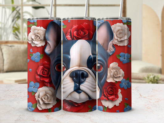French bulldog tumbler with floral and blue hydrangea accents.
