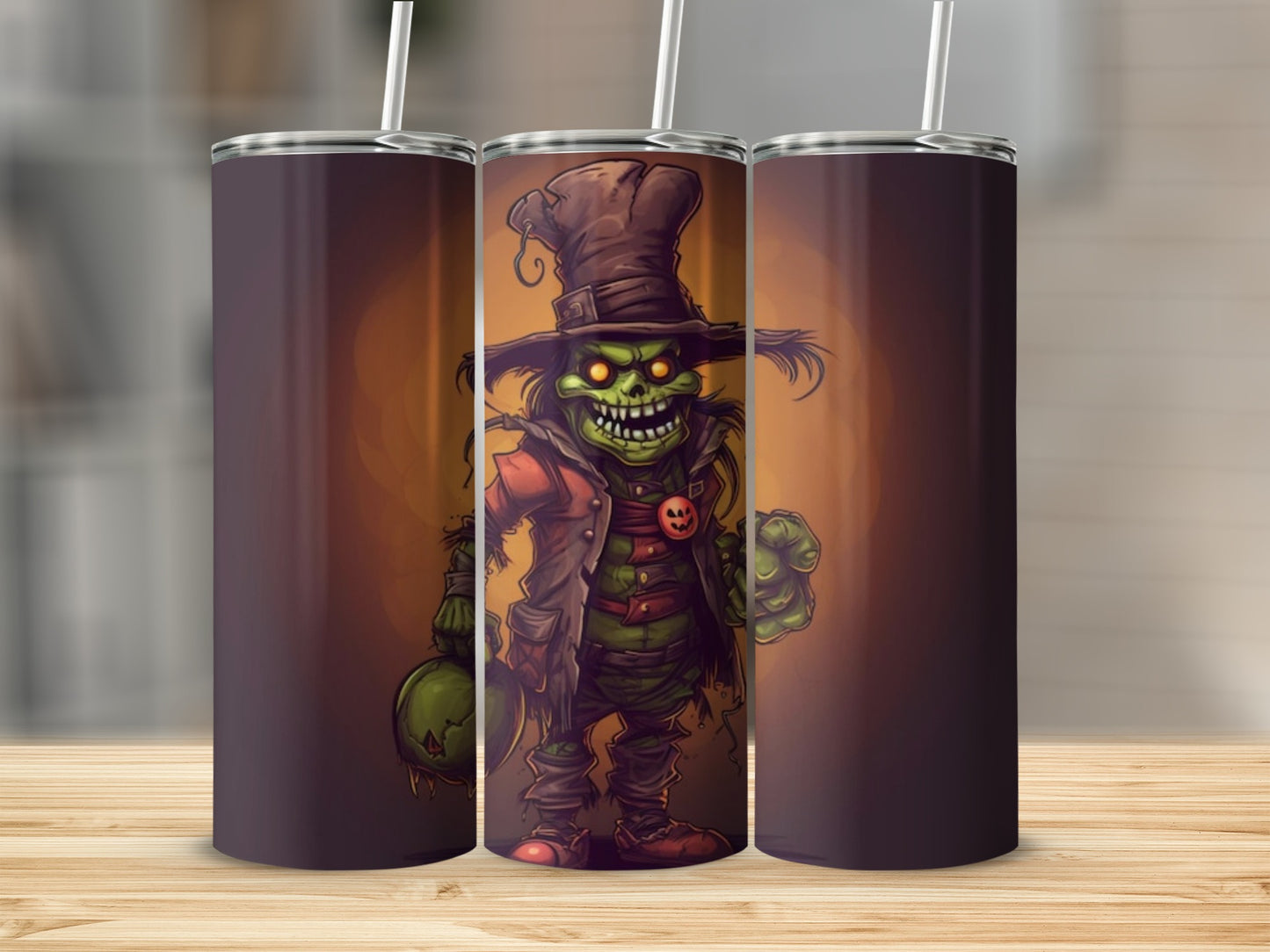 Green zombie scarecrow with pumpkin bag and Halloween pumpkin button on tumbler.