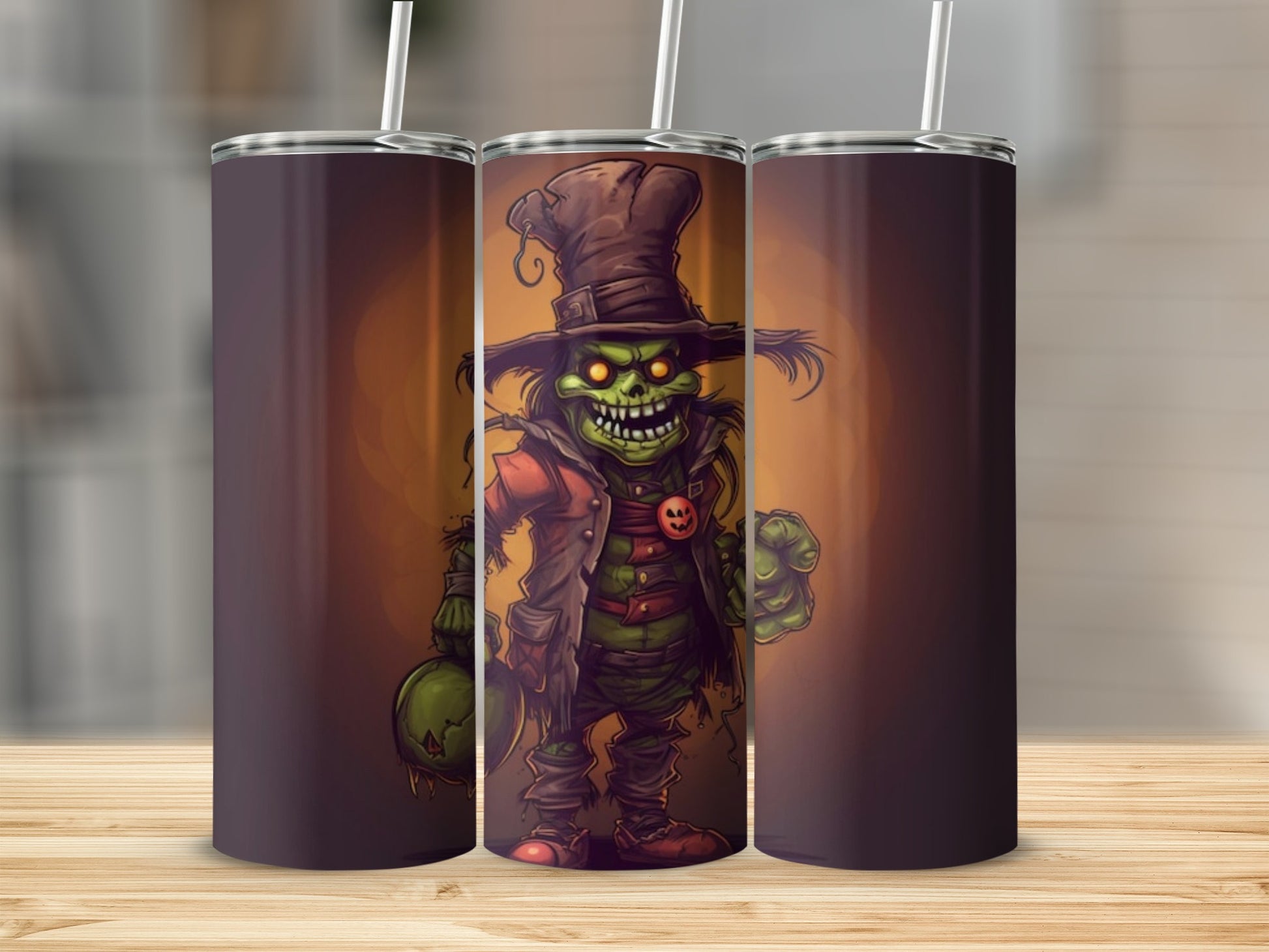 Green zombie scarecrow with pumpkin bag and Halloween pumpkin button on tumbler.