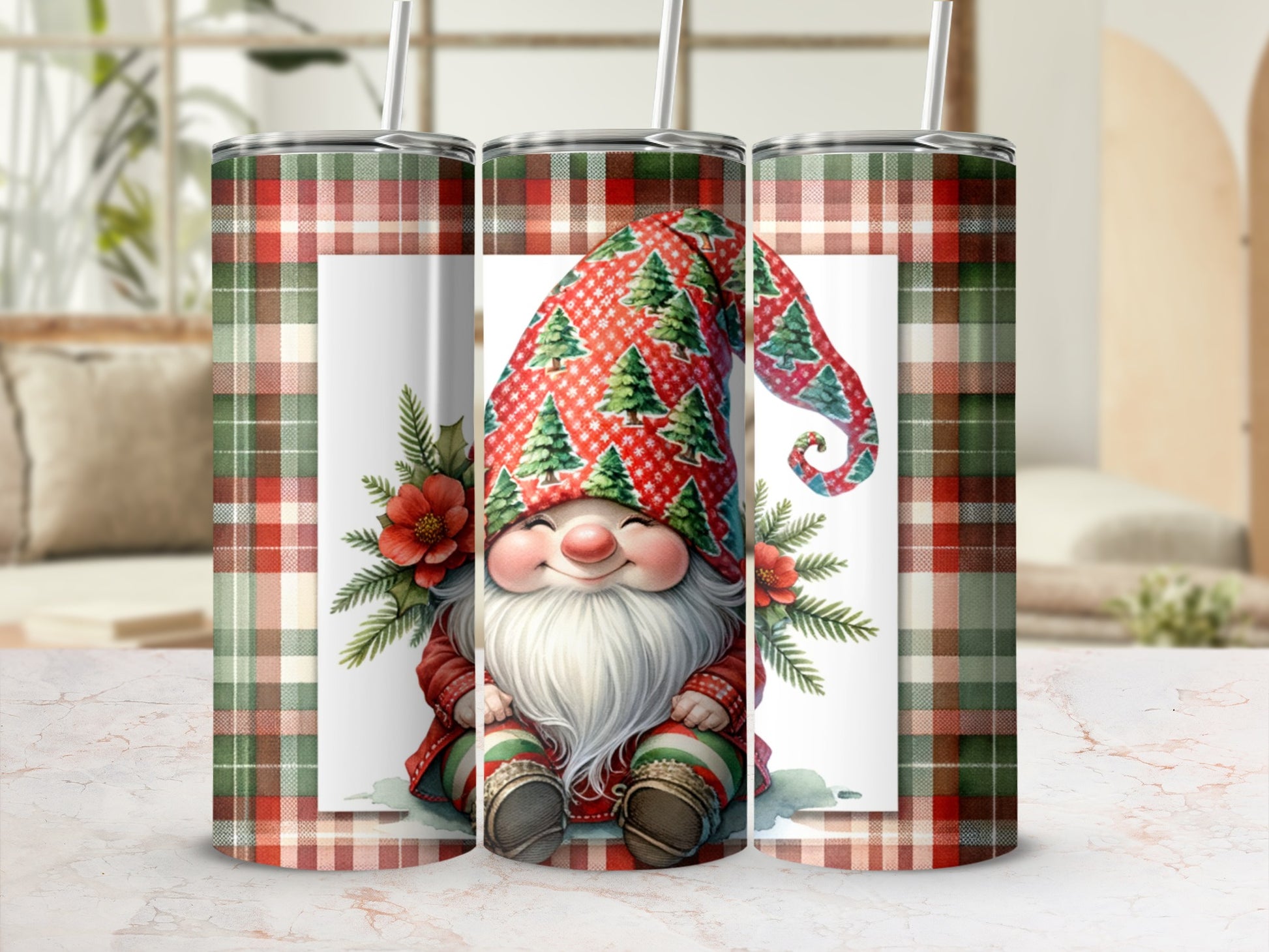 Plaid pattern tumbler featuring a smiling gnome with a Christmas tree hat.