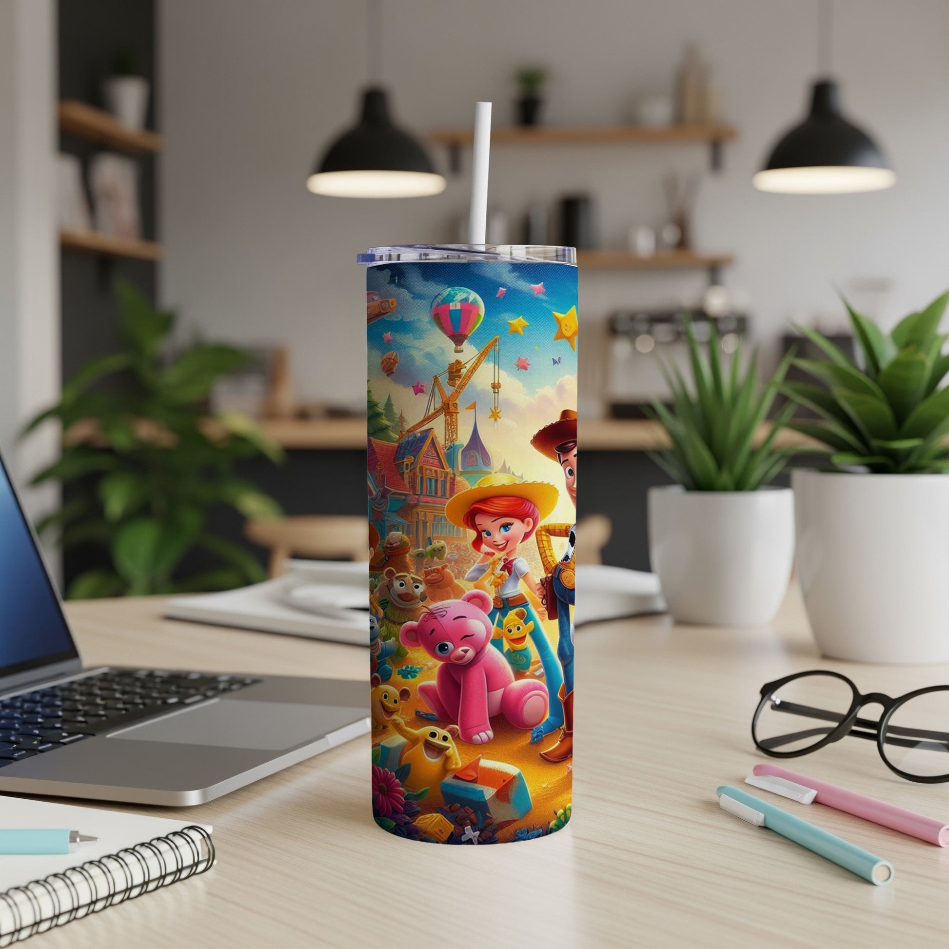 Toy Story characters on a pink tumbler with a laptop and office supplies.