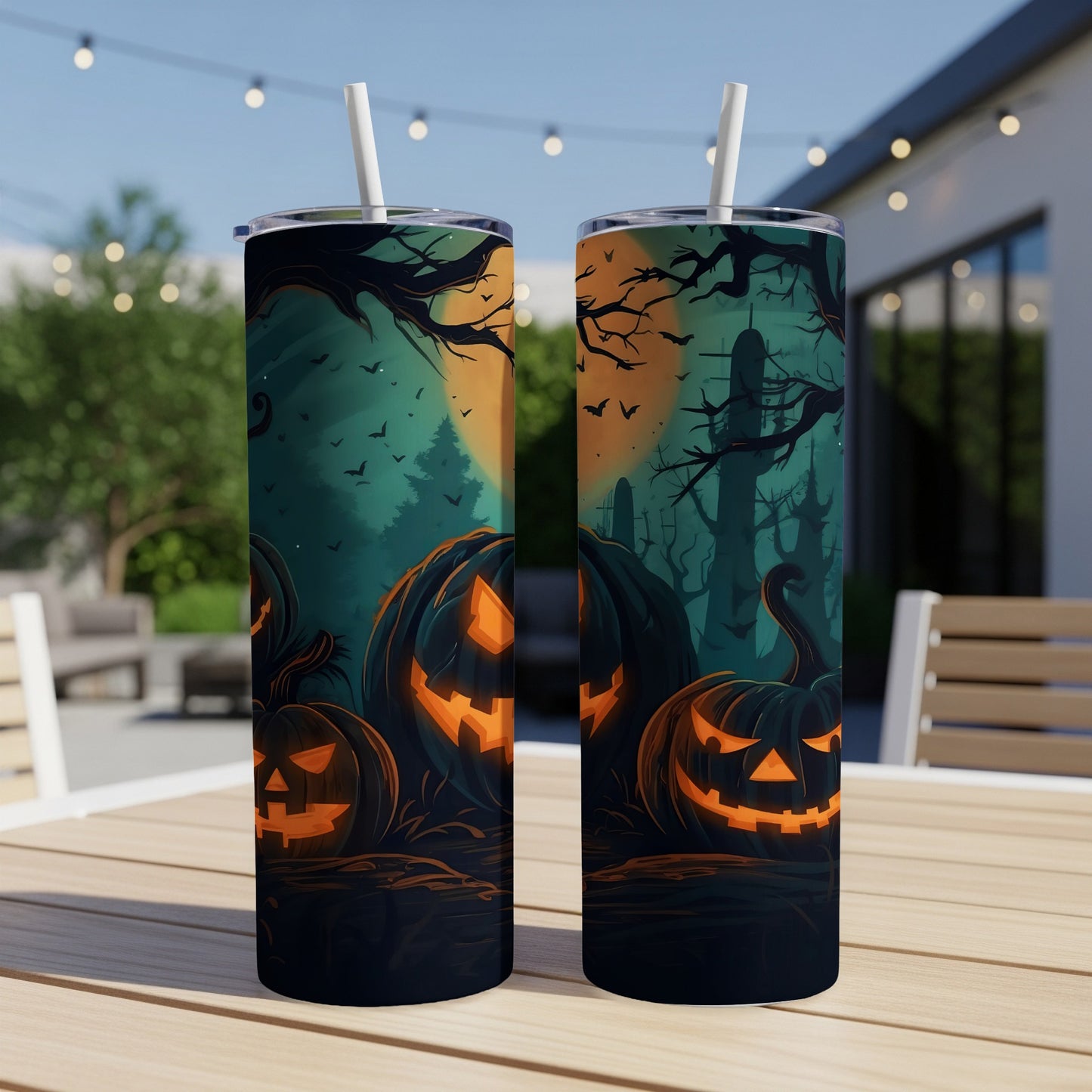 Two tumblers featuring a spooky Halloween scene with jack-o'-lanterns and bats.