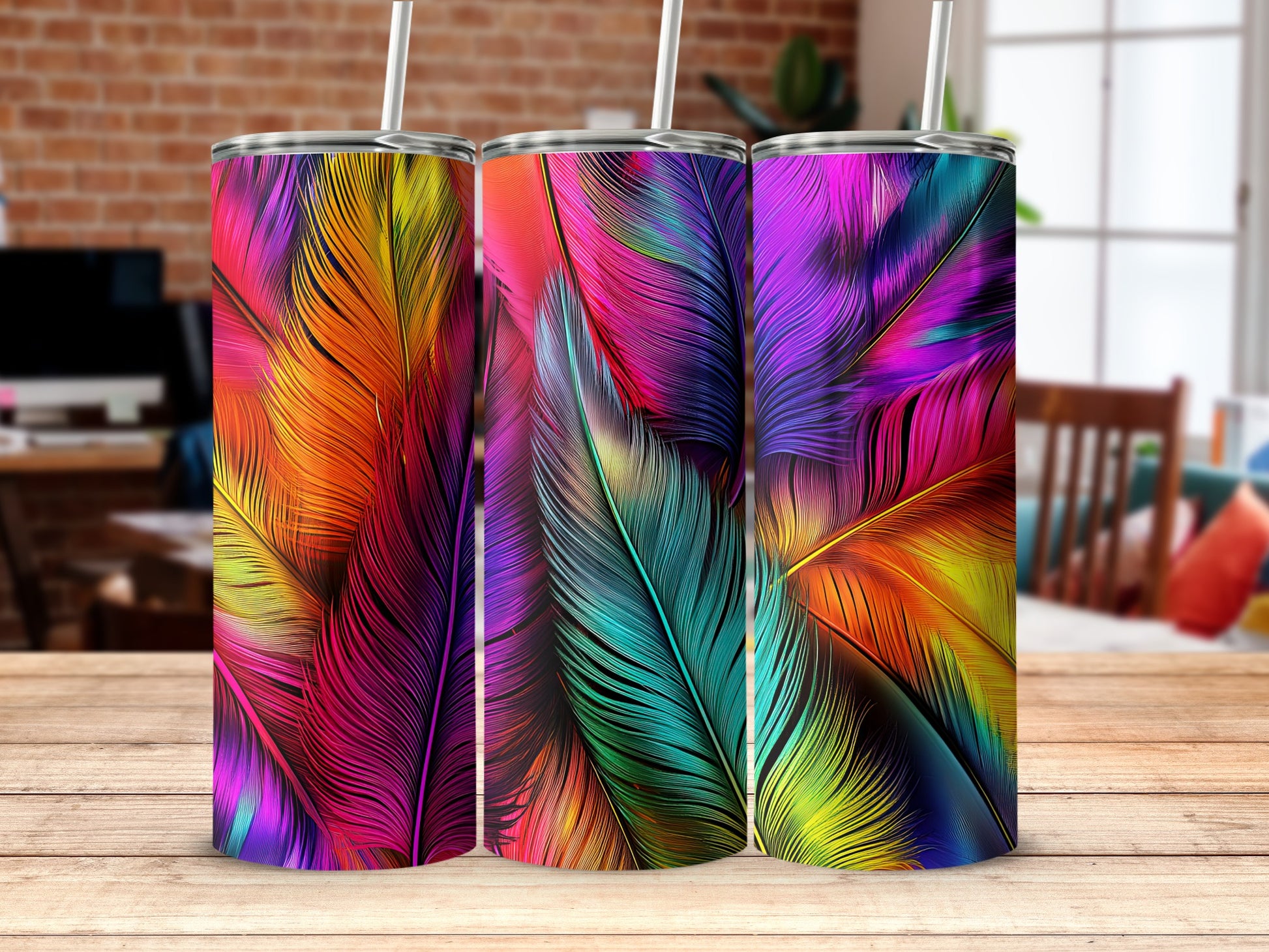 Vibrant psychedelic feather pattern tumbler product
