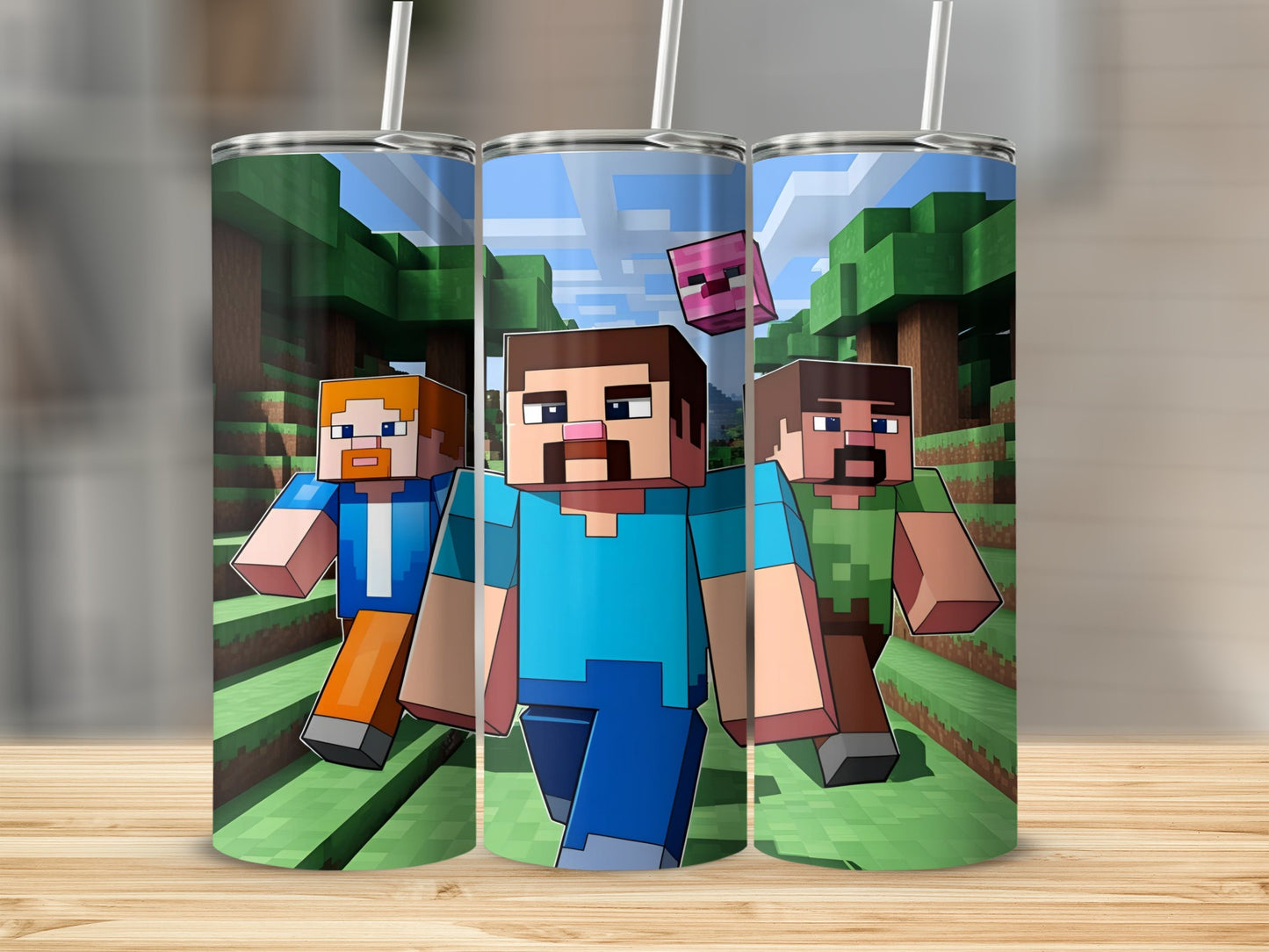 Three Minecraft characters and a pig face the viewer on a tumbler.