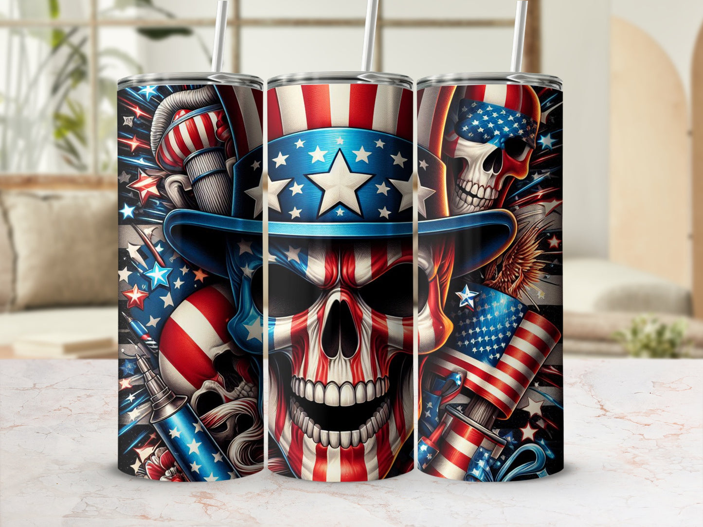 Patriotic skull in top hat with American flag details and stars.