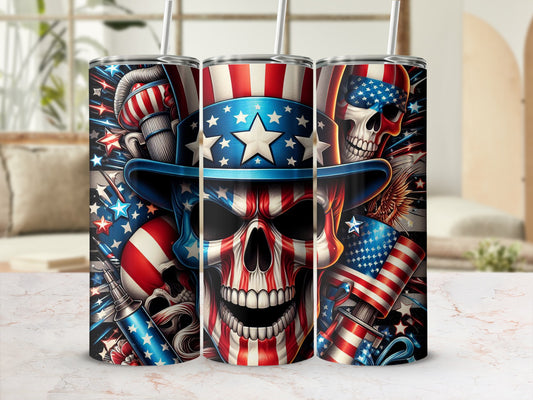 Patriotic skull in top hat with American flag details and stars.
