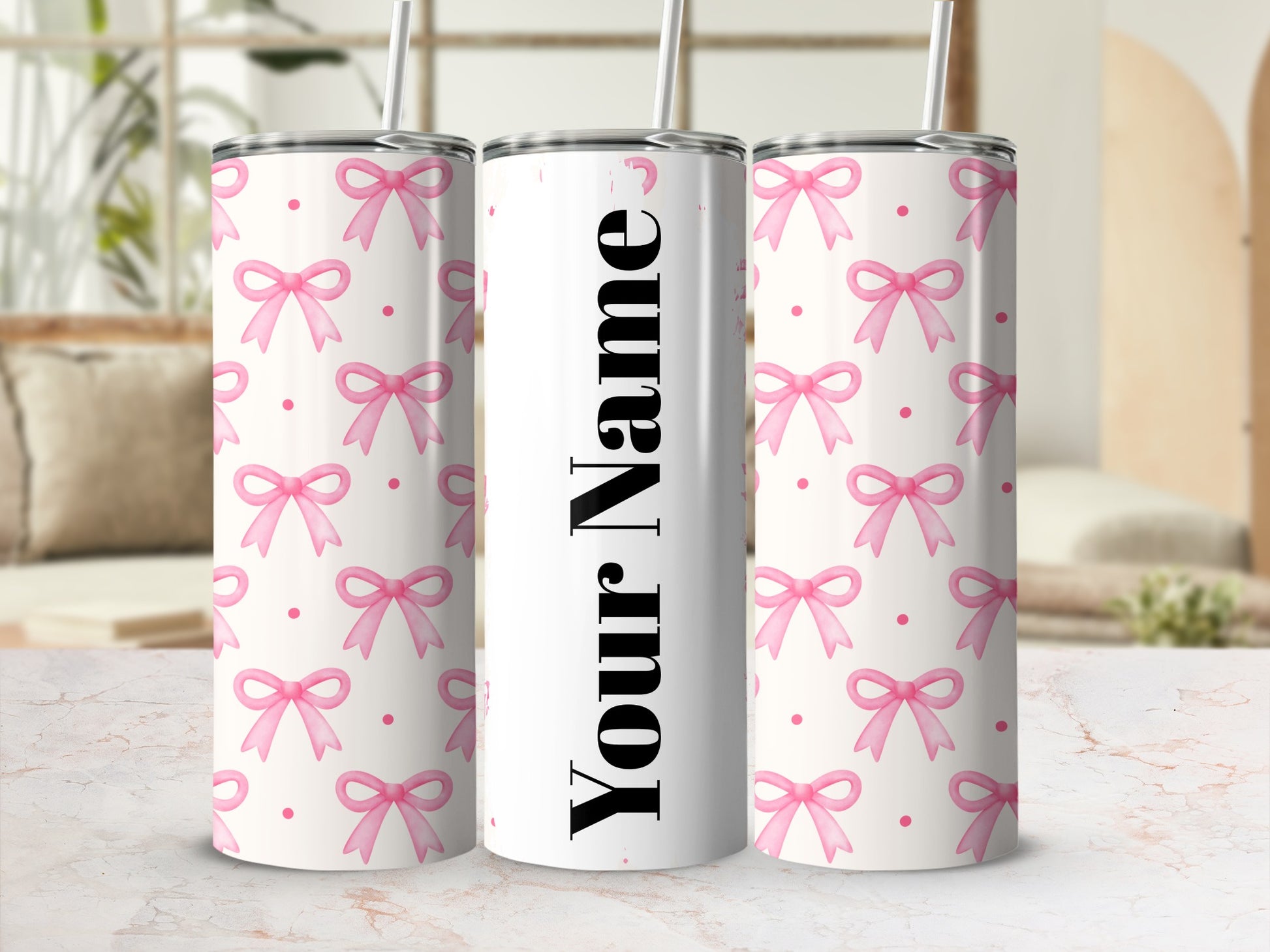 Personalized Pink Bow Design Insulated Tumbler Cup