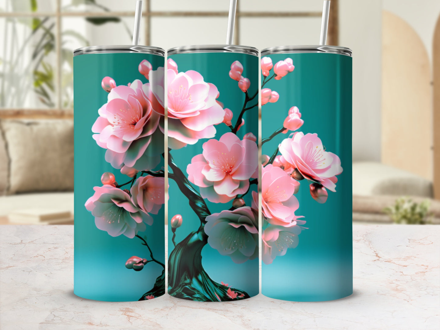 Teal tumbler with pink cherry blossoms on a dark branch.