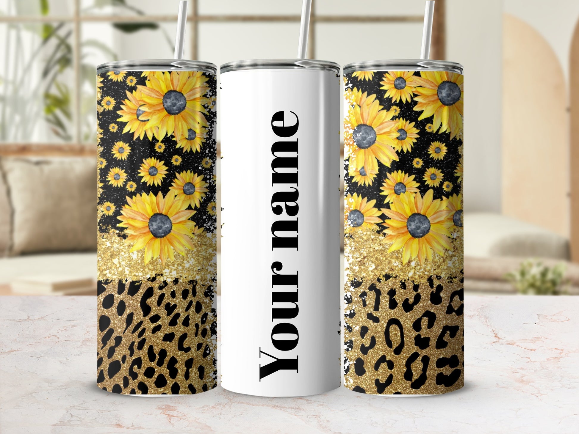 Custom Sunflower and Leopard Glitter Tumbler Design