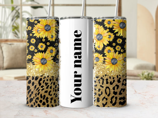 Custom Sunflower and Leopard Glitter Tumbler Design