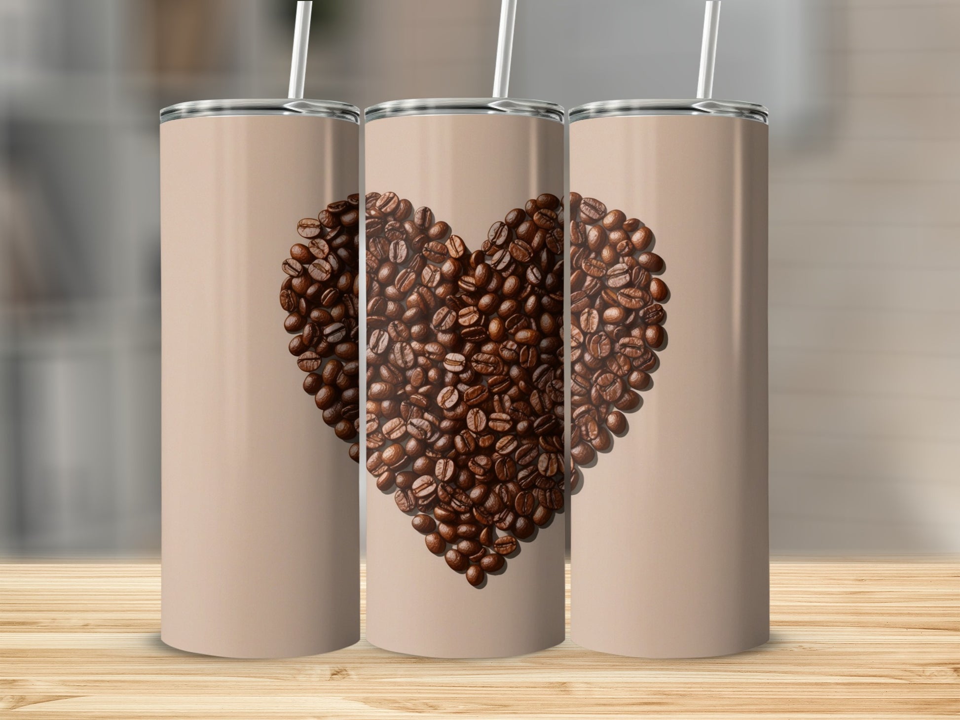 Three tumblers with a heart made of coffee beans on a wooden surface.