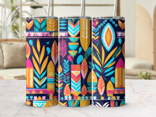Three tumblers with abstract, colorful folk art leaf and geometric patterns.