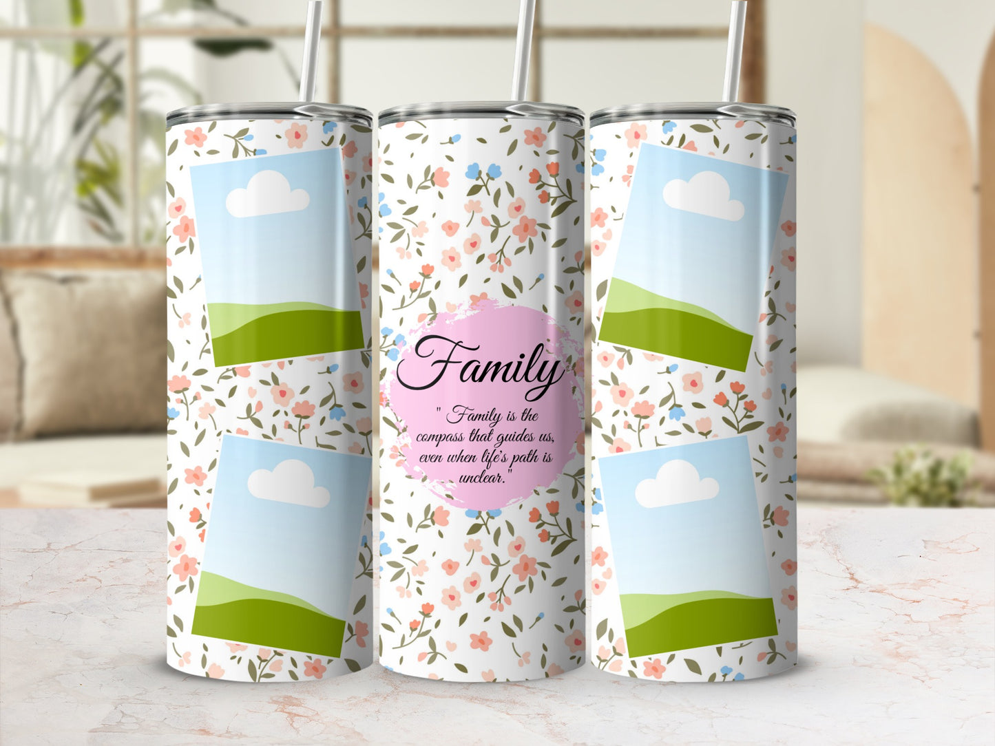 Floral tumbler with "Family" quote and placeholder photo frames.