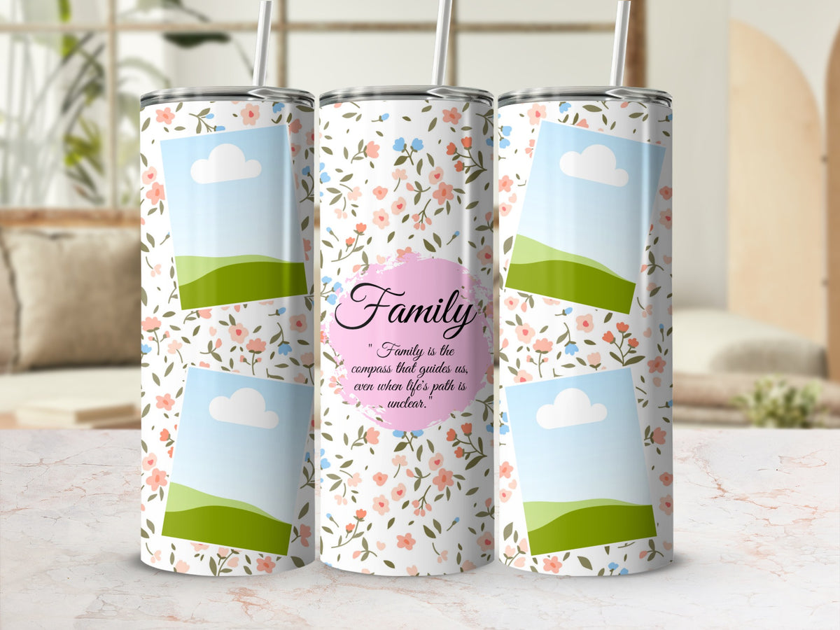 Floral tumbler with "Family" quote and placeholder photo frames.