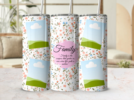 Floral tumbler with "Family" quote and placeholder photo frames.