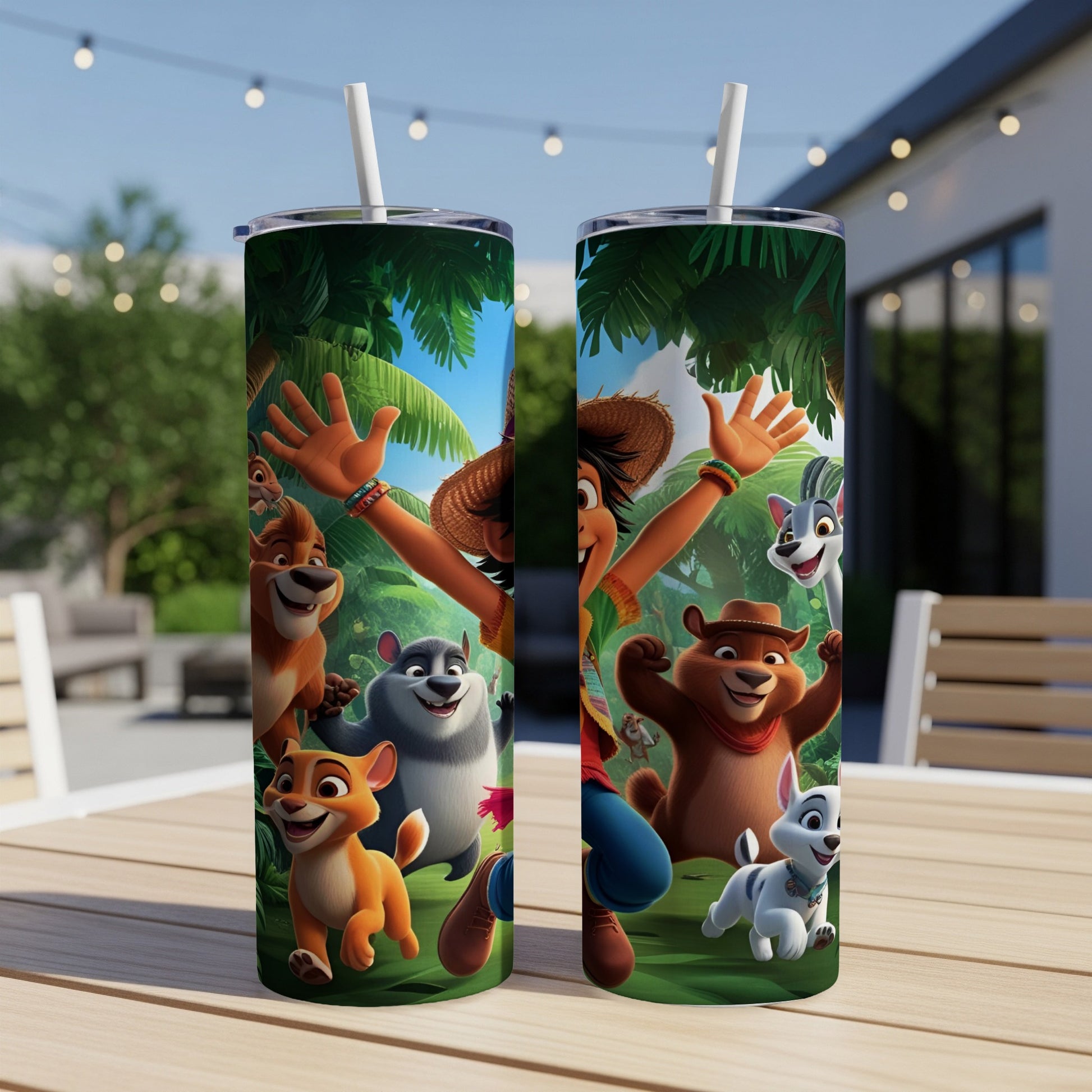 Two tumblers featuring cartoon jungle animals and characters.