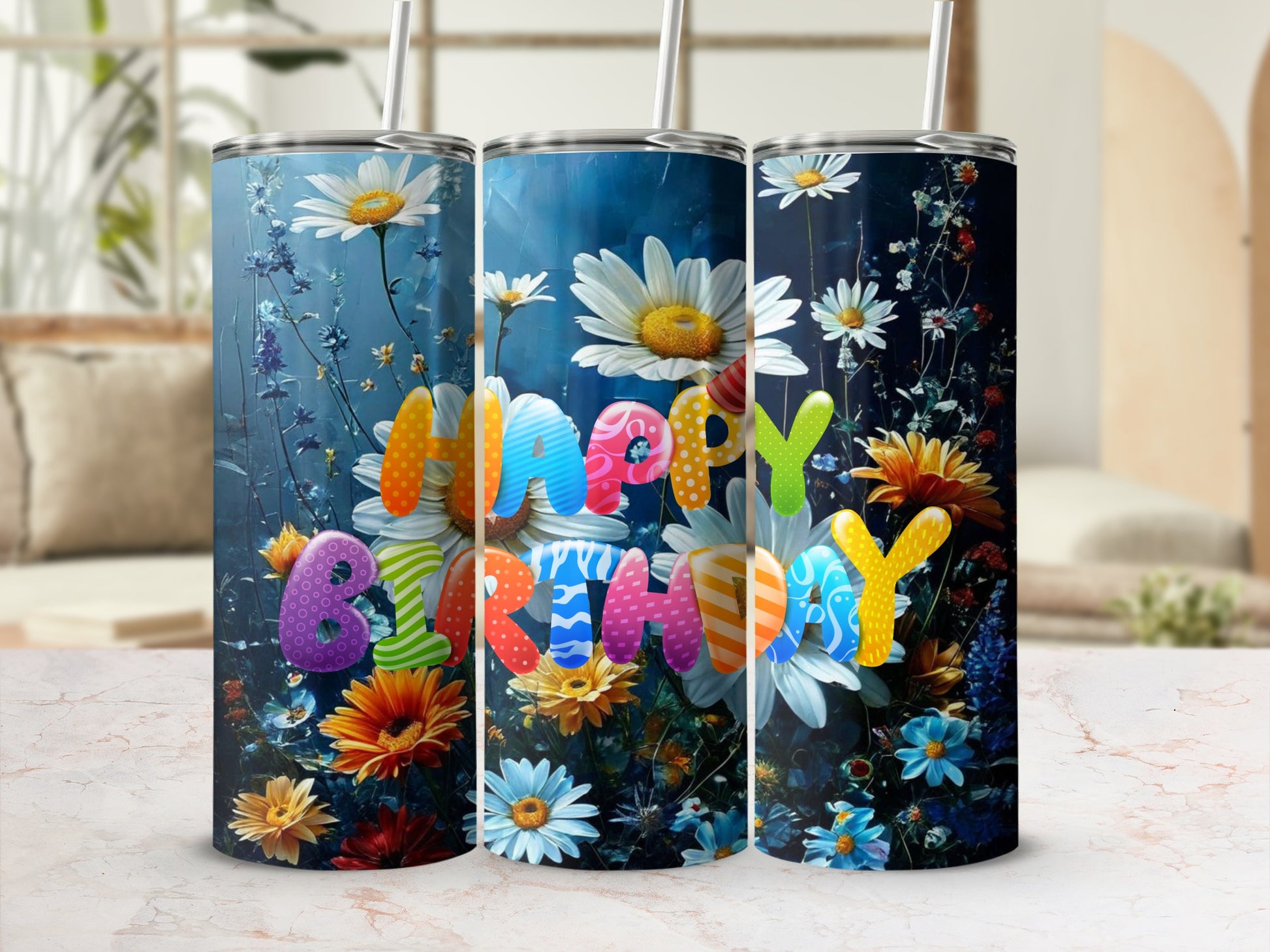 "Happy Birthday" text on a floral background with daisies and colorful flowers.