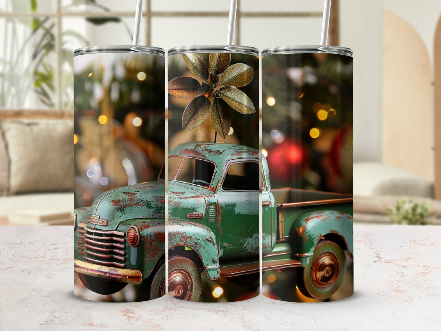 Vintage green truck with Christmas lights and decorations.