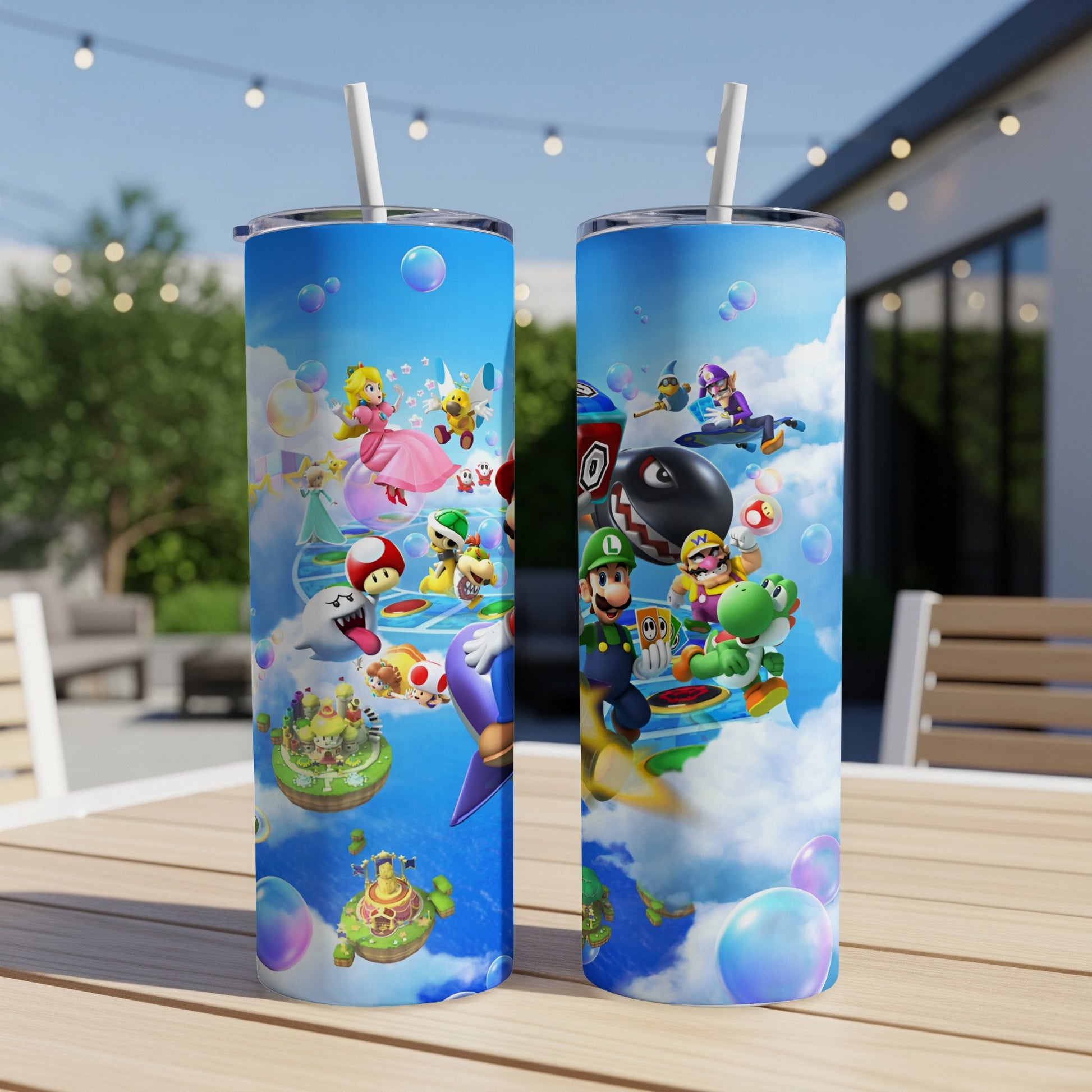 Mario and friends on a blue tumbler with a gaming scene.