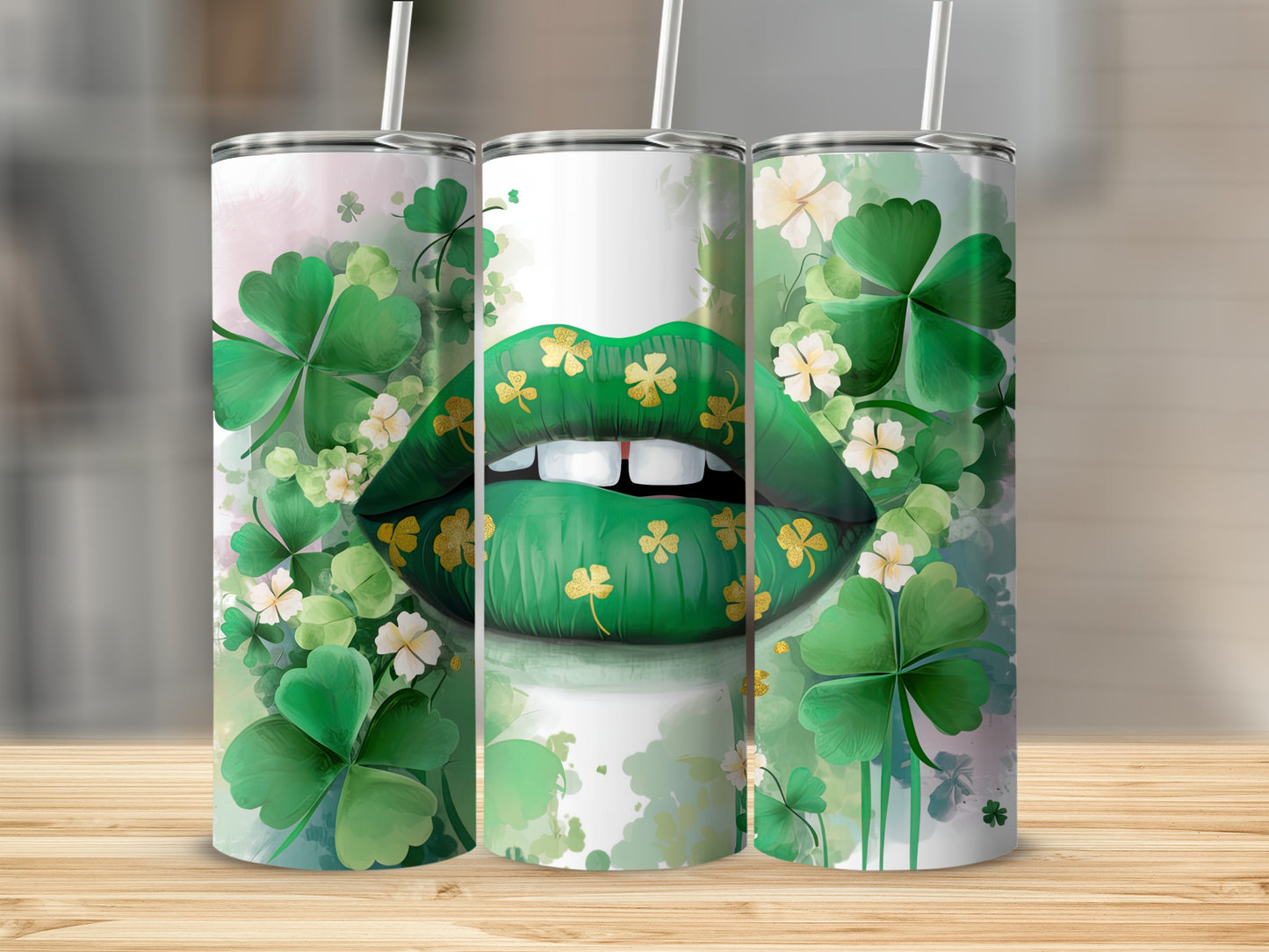 Green lips with gold accents surrounded by shamrocks and white flowers.