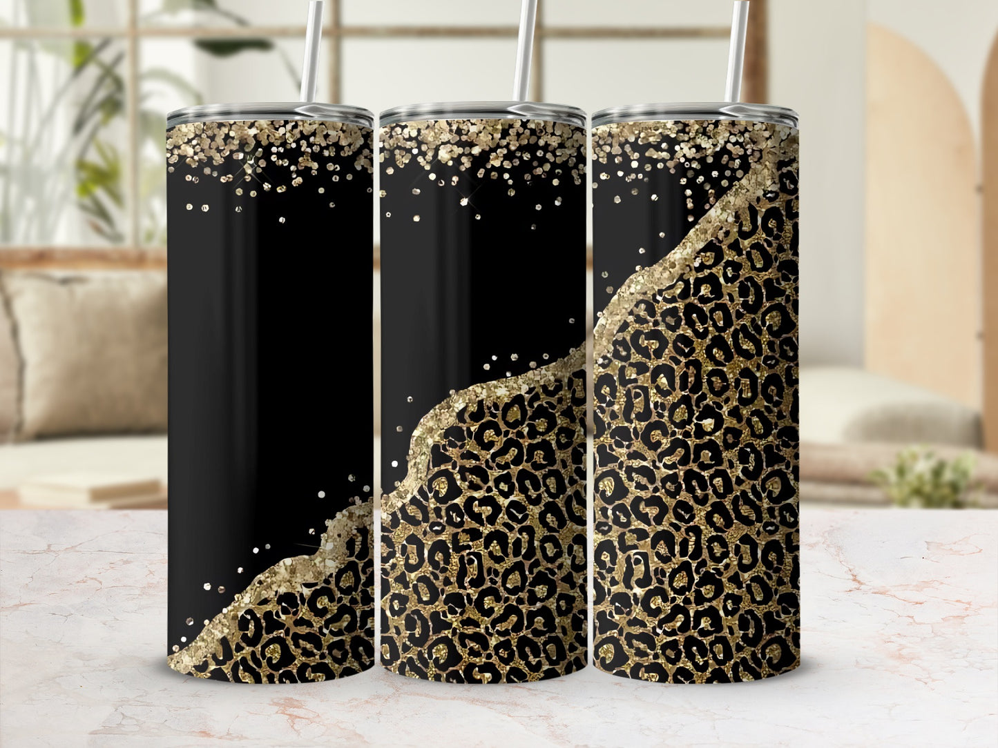 Sparkling Leopard Print and Black Tumbler