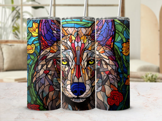 Wolf head in stained glass mosaic pattern on a set of three tumblers.
