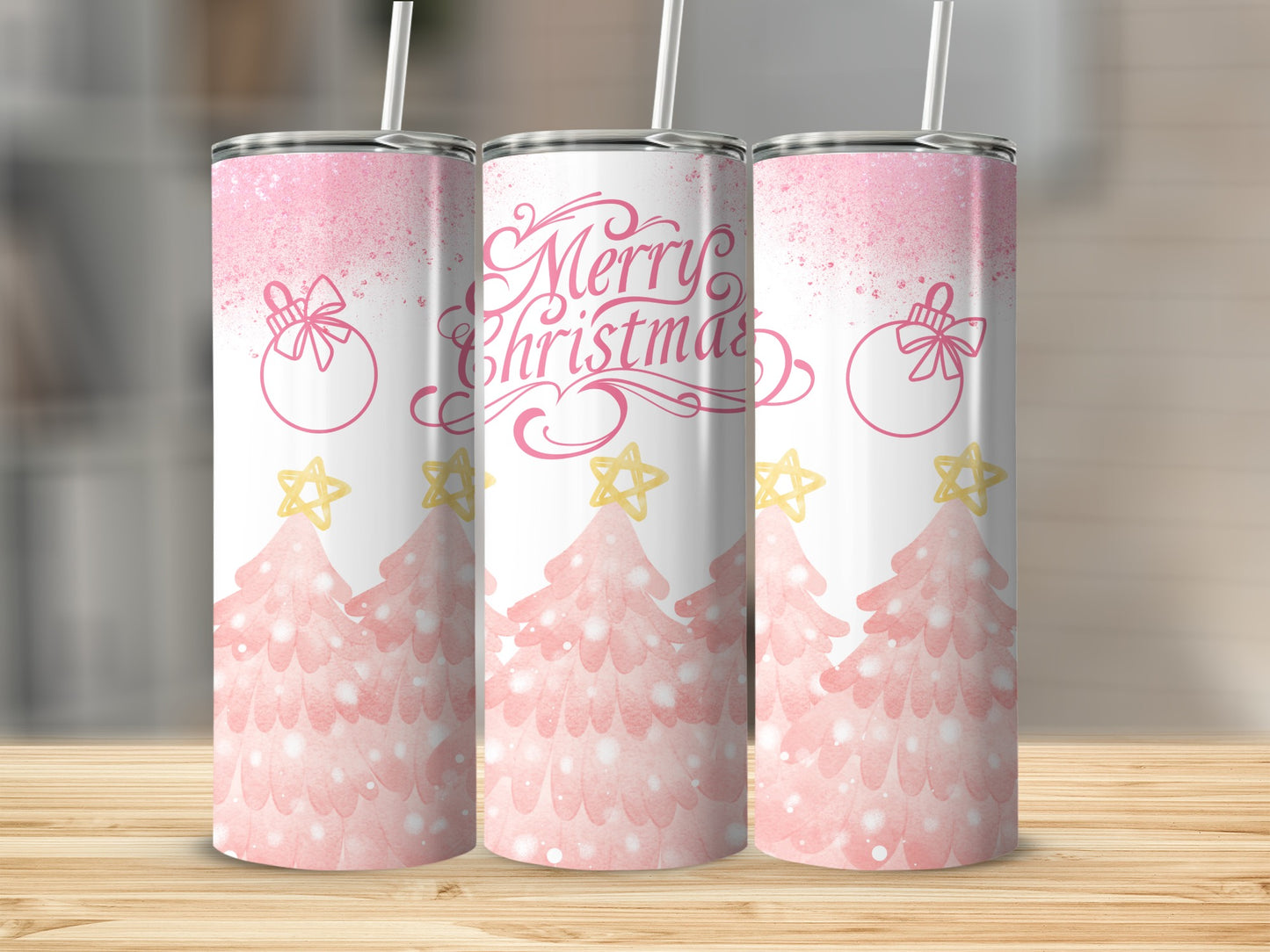 Merry Christmas Pink Christmas Tree with Stars Tumbler
