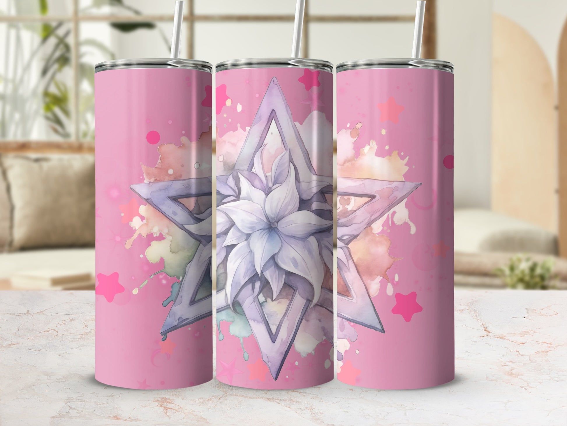 Pastel Starflower Tumbler with Pink Stars and Splashes