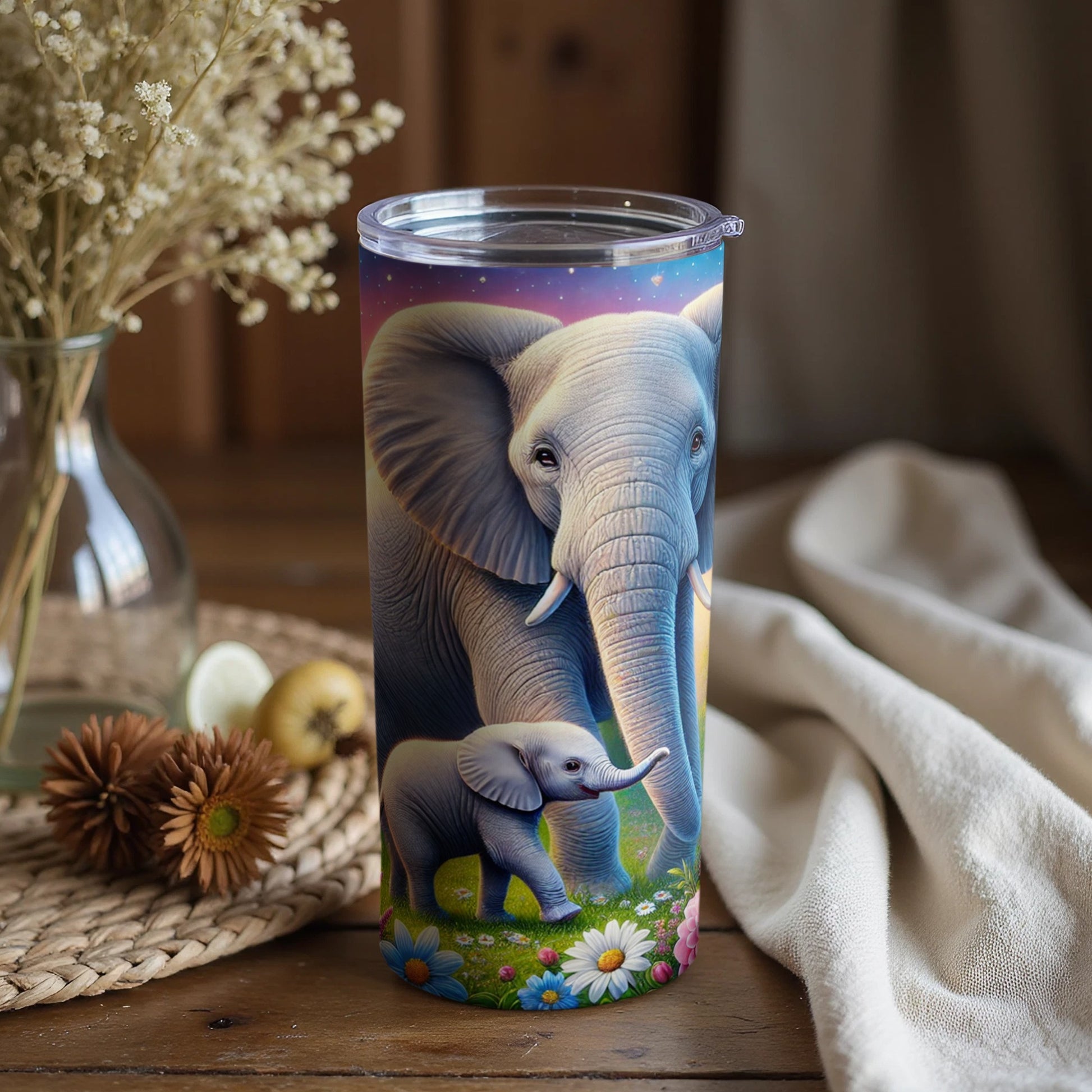 Elephant and Calf Design Tumbler with Floral Accents