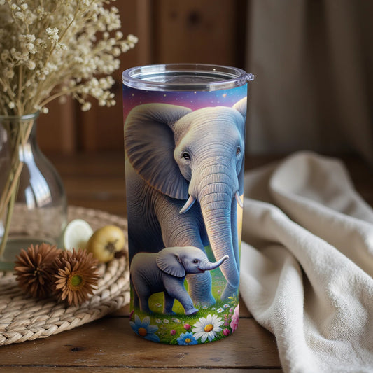 Elephant and Calf Design Tumbler with Floral Accents