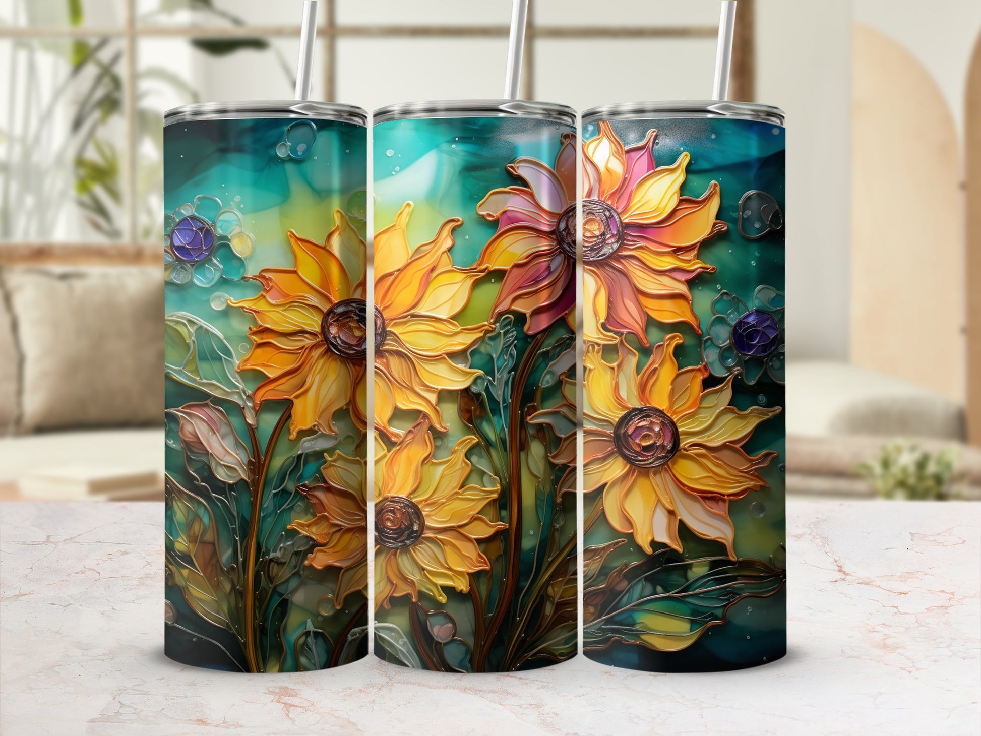 Vibrant Sunflower and Leaves Design Travel Tumbler