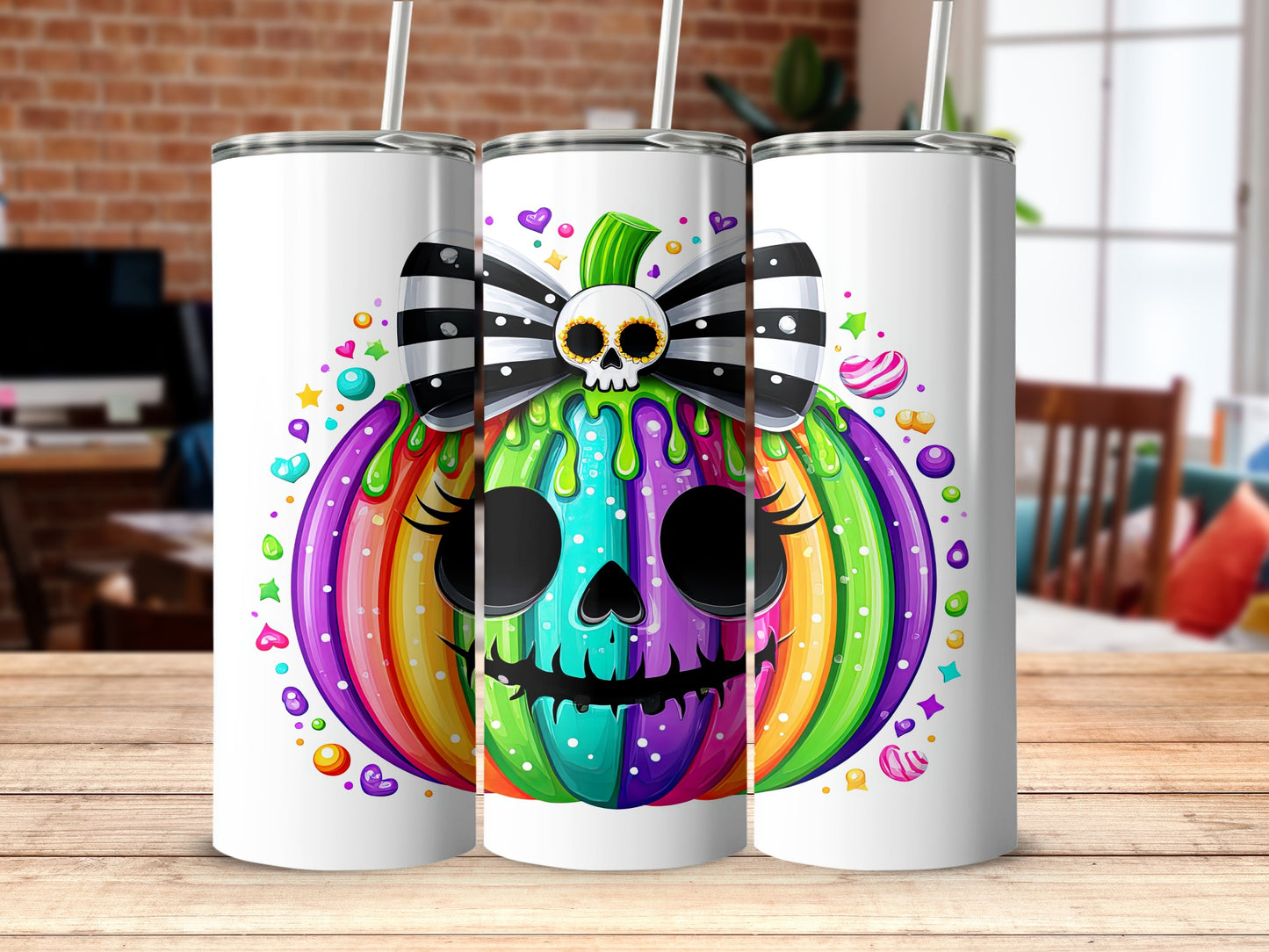Colorful Halloween Pumpkin Skull Tumbler