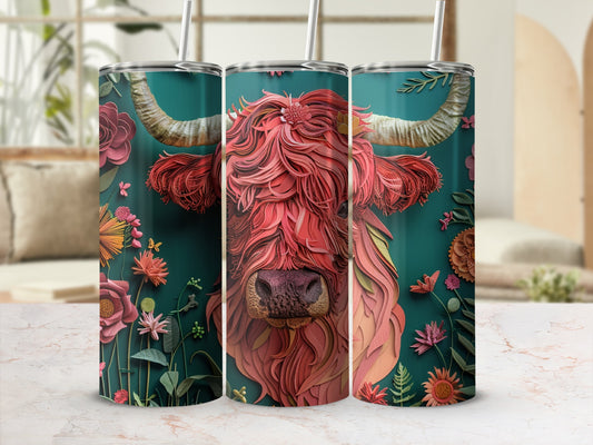 Three stylized Highland cow tumblers with floral and foliage designs.