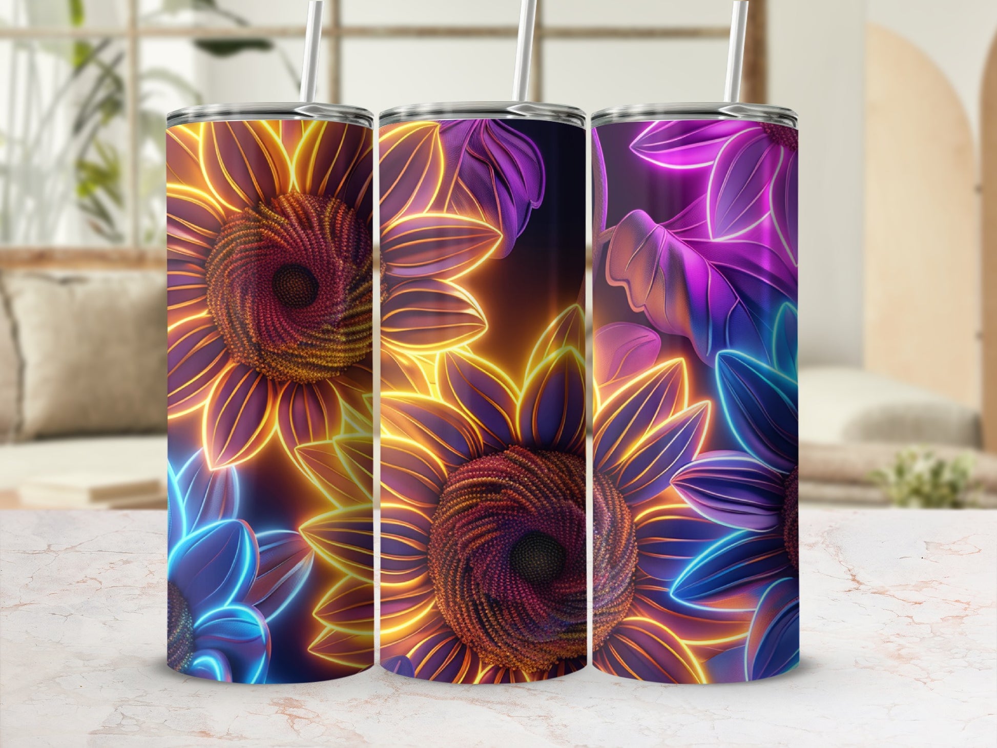 Three illuminated sunflowers in vibrant blue, purple, and yellow tones.
